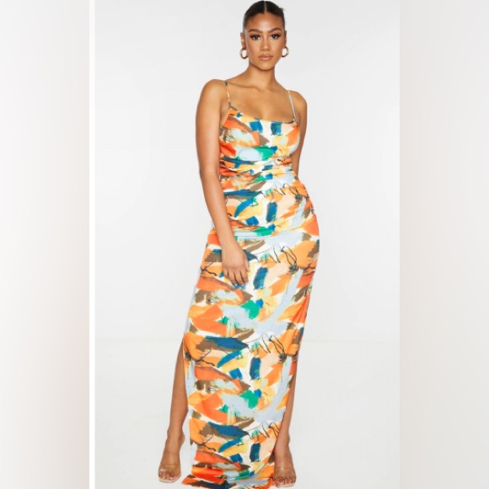 PLT Orange Abstract Print Side Split Ruched Maxi Dress